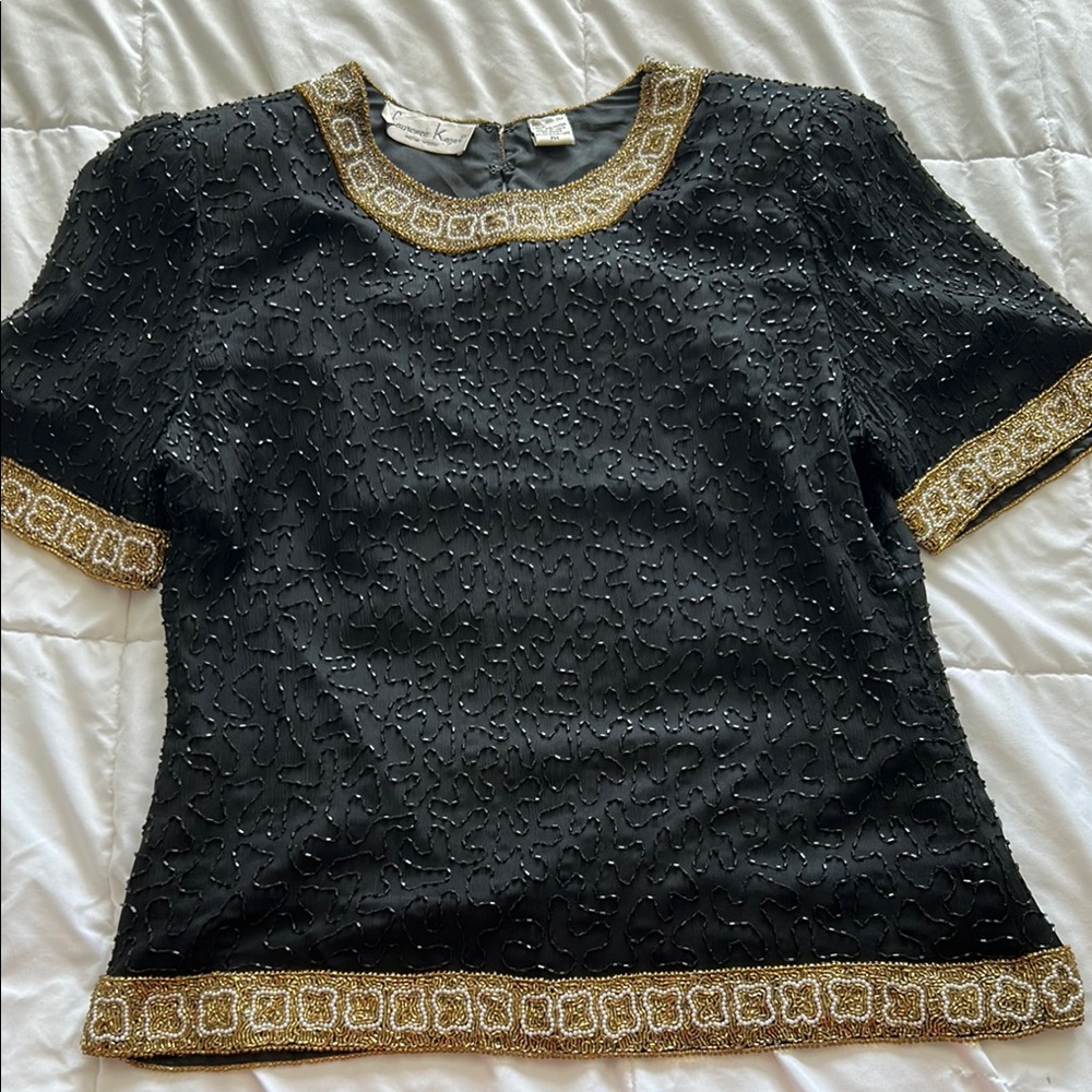 Laurence Kazar Embellished Black and Gold Blouse